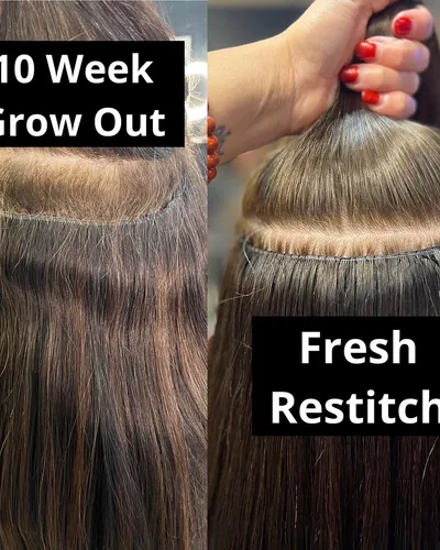 Side by side: 10-week beaded weft grow-out on left, fresh restitch on right — brunette hair