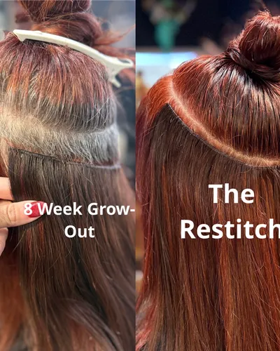 Side by side: 8-week beaded weft grow-out on left, fresh restitch on right — auburn hair