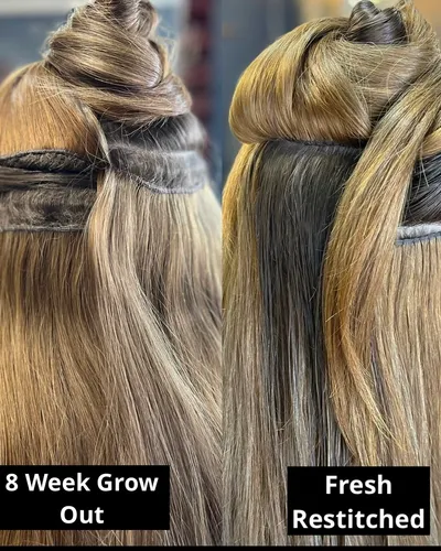Side by side: 8-week balayage weft extension grow-out on left, fresh restitched row on right — blonde hair