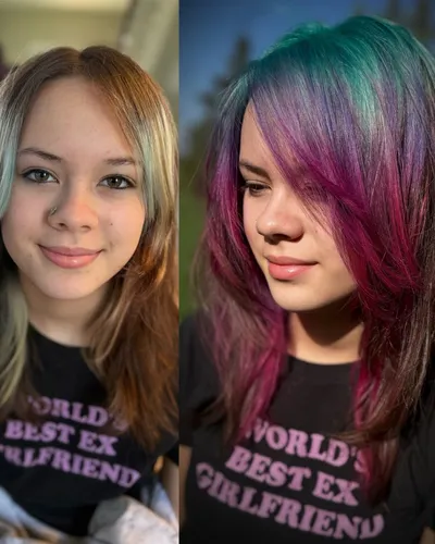 Before and after — vivid dimensional color with purple, teal, and pink tones