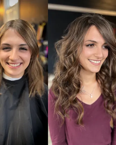 Before and after — extensions added length and wavy volume to brunette hair