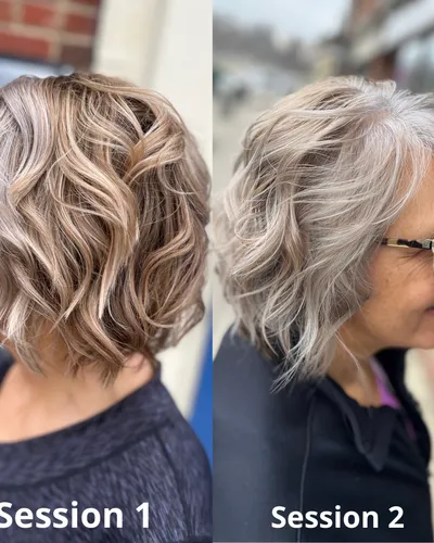 Two-session silver and grey blending transformation on a textured bob