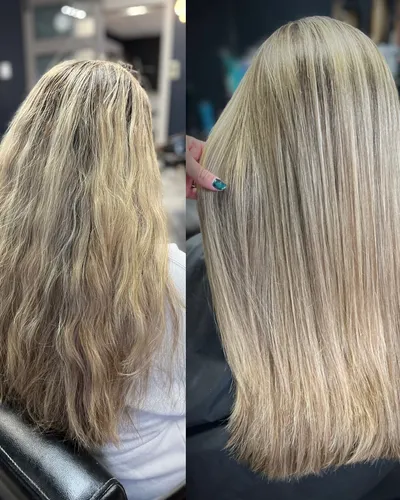 Before and after — frizzy blonde hair transformed to smooth, sleek finish after keratin treatment