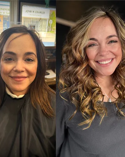 Before and after — brunette client transformed to dimensional blonde with curls and face-framing highlights