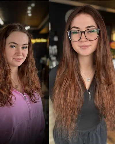 Before and after — extensions added significant length and volume to auburn hair