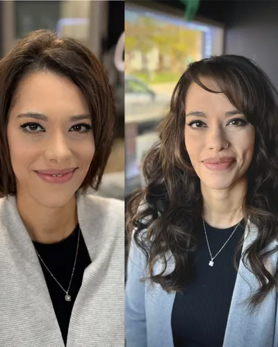 Before and after — short bob transformed to long, full brunette hair with weft extensions