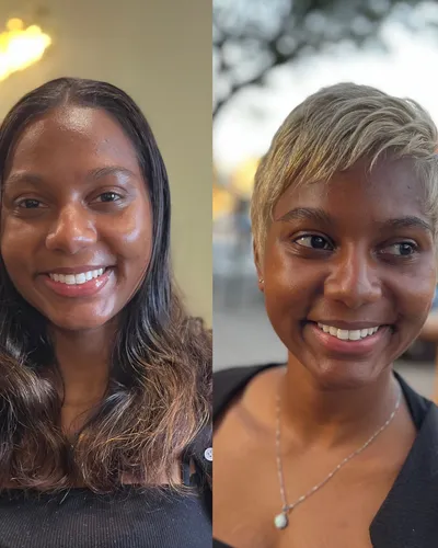 Before and after — dramatic cut and color from dark long hair to platinum blonde pixie